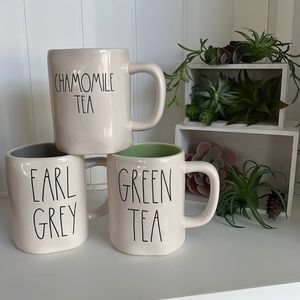 Rae Dunn mug in a tea set of 3 green tea, chamomile tea, Earl Grey